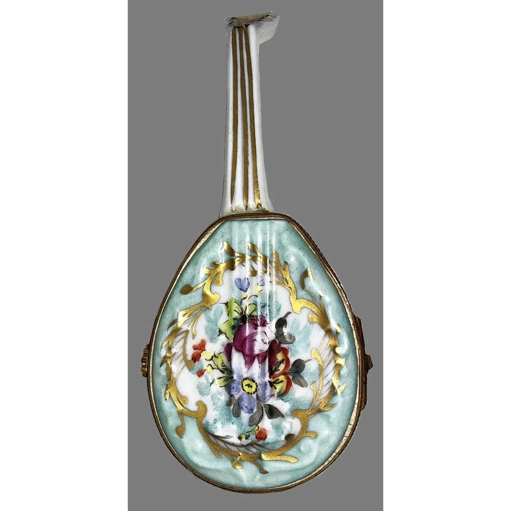 Antique Sevres Style Porcelain Mandolin Trinket Box Hand Paint Hinged Snuff Pill